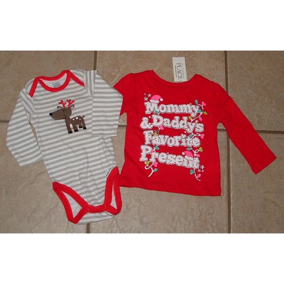 NEW Girls Sz 6-9 Months Christmas Holiday 2 Pc Shirt Lot GERBER CHILDRENS PLACE - Picture 1 of 3